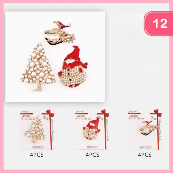 CHRISTMAS RHINESTONE PEARL BROOCH (12 UNITS)