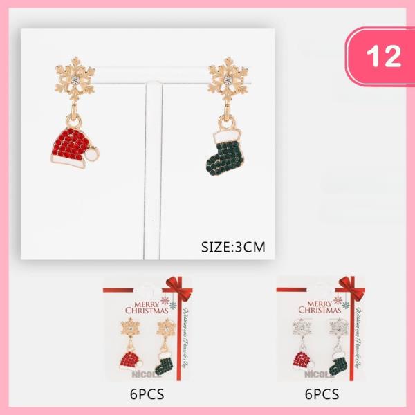 RHINESTONE CHRISTMAS SNOWFLAKE STOCKING DANGLE EARRING (12 UNITS)