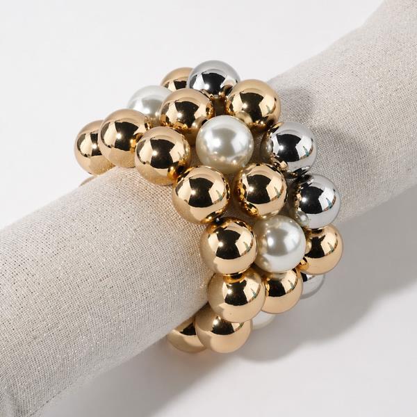 Two Tone Metal Pearl Bead Multi Row Bracelet