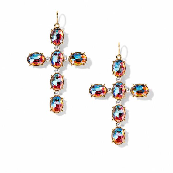 CRYSTAL STONE OVAL CROSS DANGLE EARRING