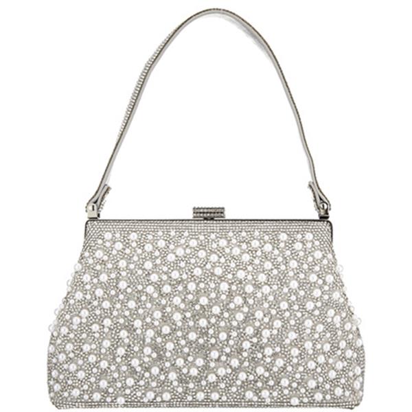 PEARL RHINESTONE EMBELLISHED FRAME HANDLE EVENING BAG