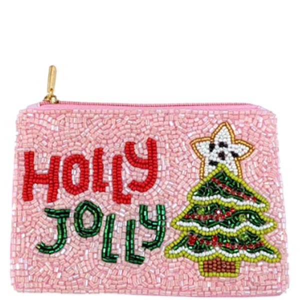 SEED BEAD HOLLY JOLLY CHRISTMAS TREE COIN PURSE BAG