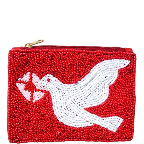 SEED BEAD WHITE DOVE COIN PURSE BAG
