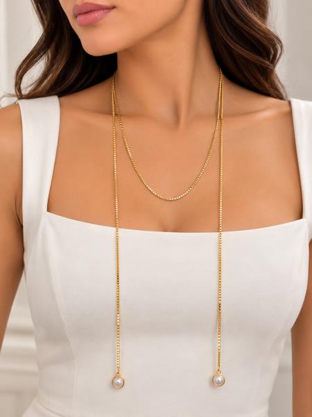 Pearl Bezel Layered Chain Lariat Long Necklace