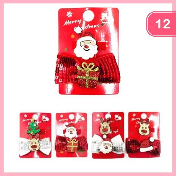 CHRISTMAS SANTA REINDEER SEQUIN HAIR BOW (12 UNITS)