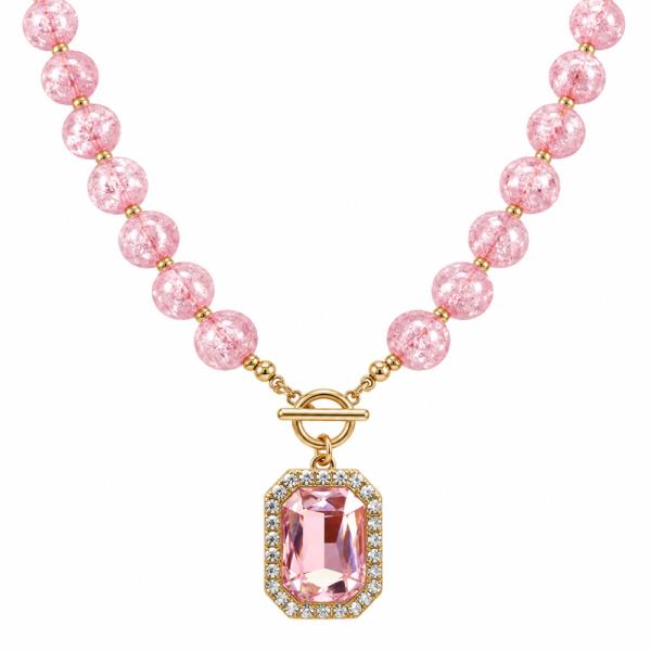 Crackle Bead Necklace With Rhinestone Pendant