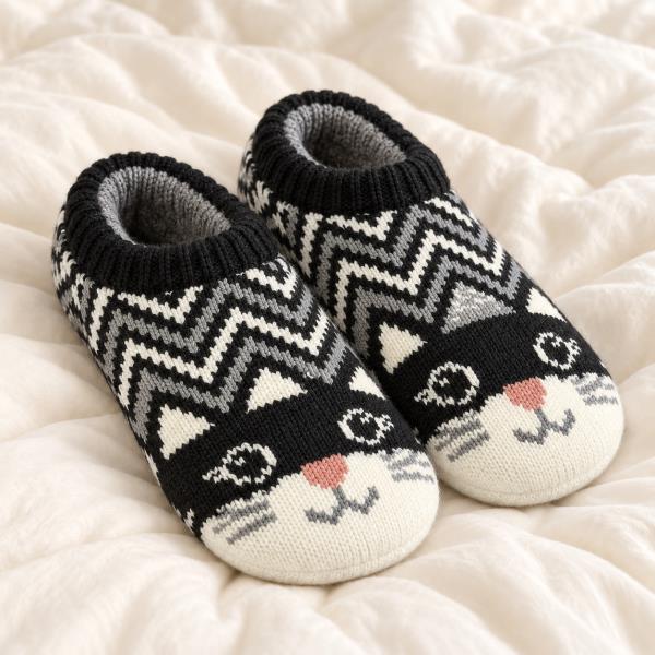 Zigzag Cat Face Knit Slipper Socks (2 Units)