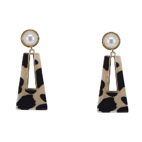 Pearl Top Animal Print Trapezoid Drop Earrings