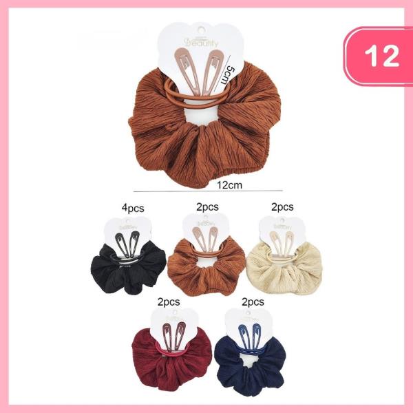 Crinkled Scrunchies With Hair Clips (12 Units)