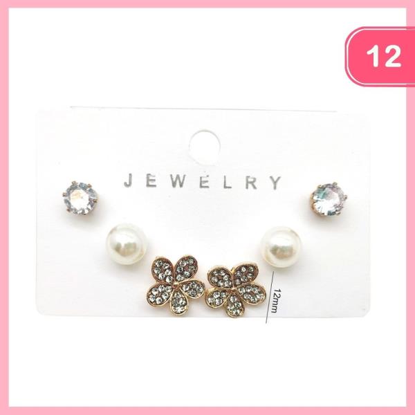 Rhinestone Pearl Flower Stud Earrings (12 Units)