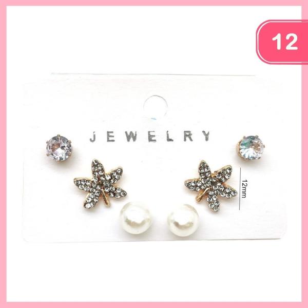 Crystal Leaf and Pearl Stud Earrings (12 Units)