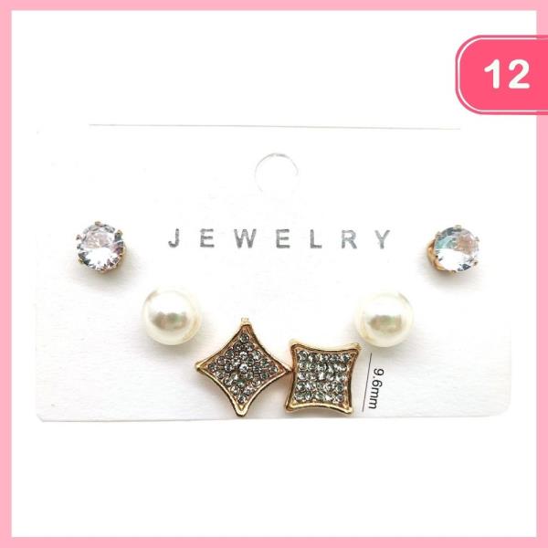 Rhinestone Pearl Stud Diamond Earrings (12 Units)