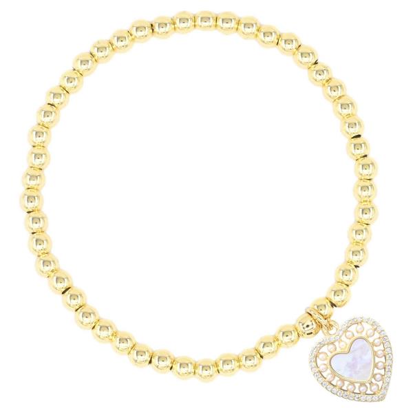 Stainless Steel Beaded Stretch Bracelet with Heart Charm