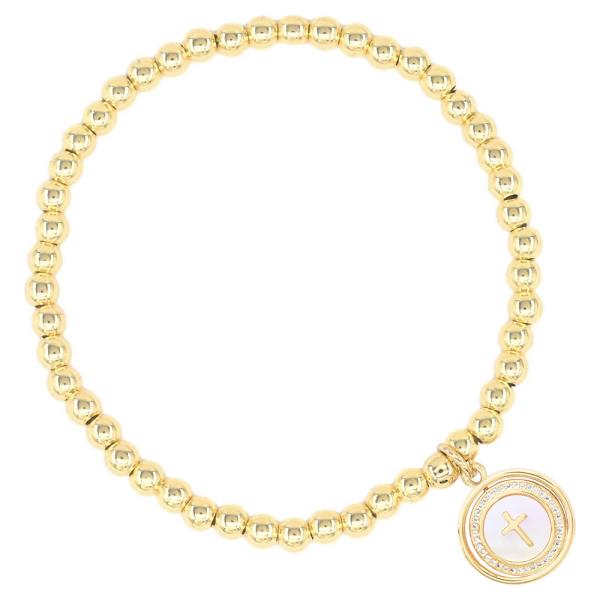 Stainless Steel Beaded Stretch Bracelet with Cross Charm