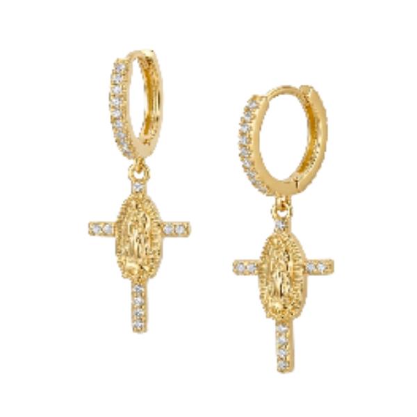 Cross Guadalupe CZ Brass Huggie Earring
