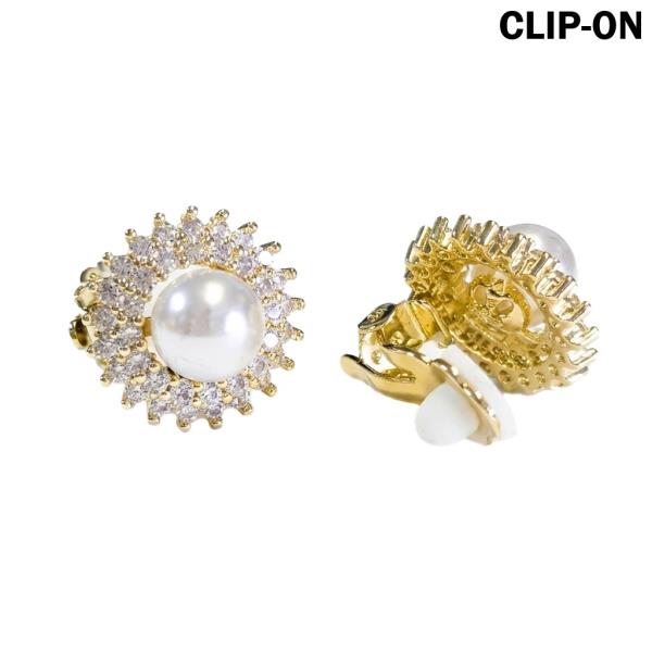 CZ Pearl Crystal Halo Clip On Earrings