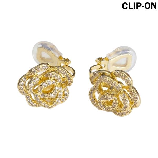 CZ Rose Flower Rhinestone Clip On Earrings