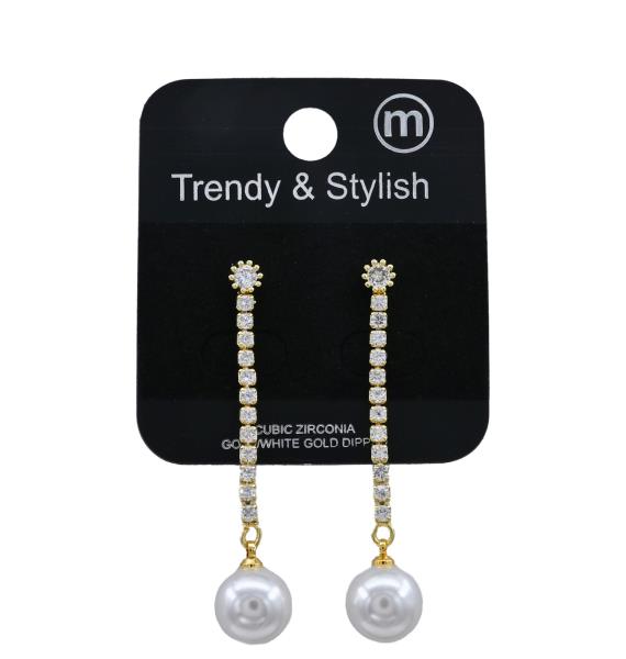 Brass CZ /Pearl Dangle Post Earring