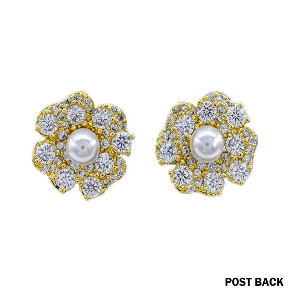 Flower CZ Pearl Stud Earrings
