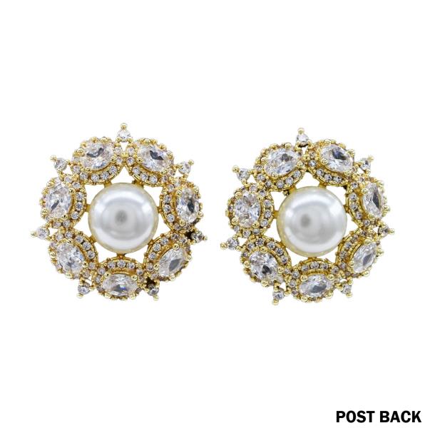 CZ Pearl Center Round Cluster Post Back Earring