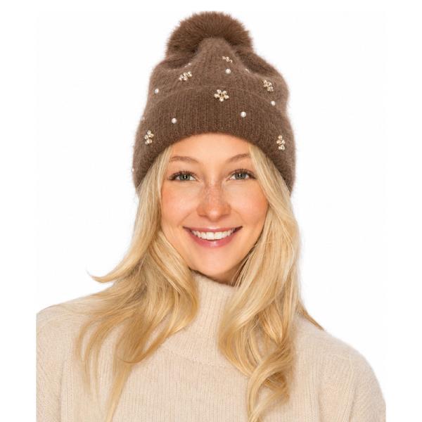 Pearl Rhinestone Flower Knit Beanie With Pom Pom