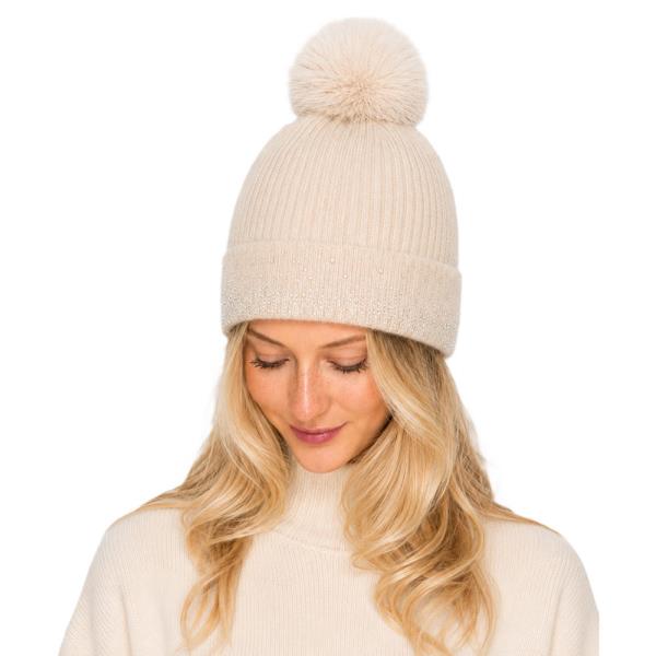 Rhinestone Embellished Knit Beanie With Pom Pom