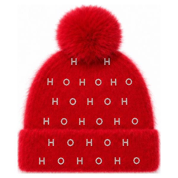 Ho Ho Ho Pearl Studded Pom Pom Beanie