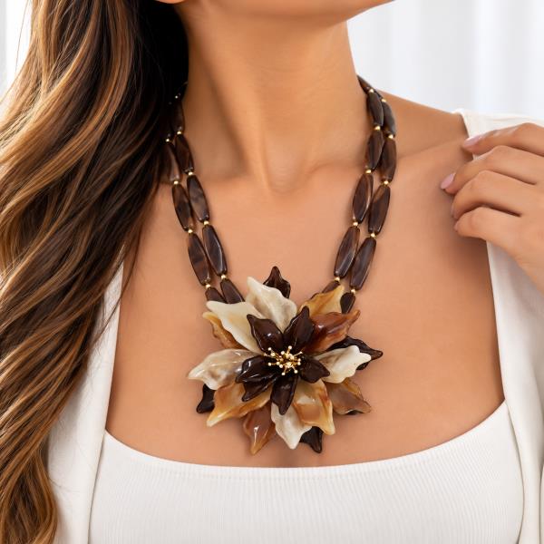Oval Bead Double Strand Flower Pendant Necklace