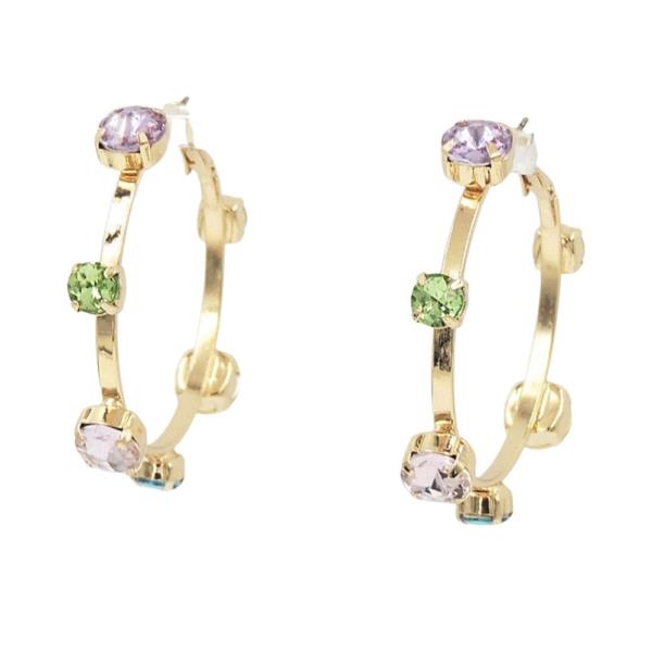 Round Glass Stone Station Hoop Earring