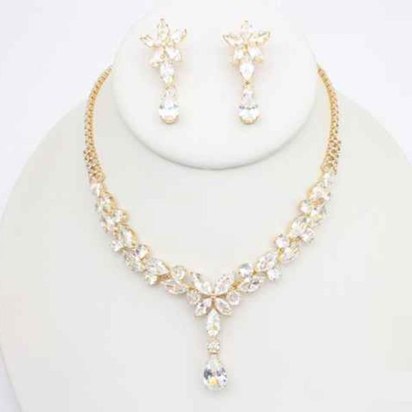 CZ Marquise Leaf Pendant Necklace Earring Set
