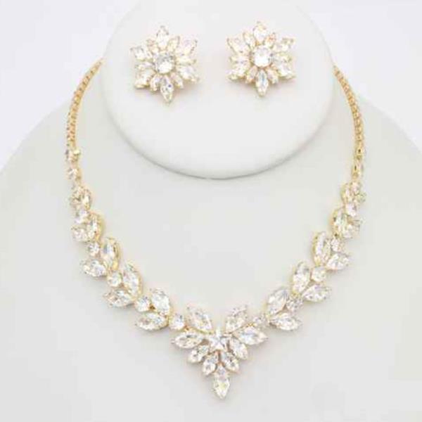 CZ Marquise Floral Cluster V Necklace Earring Set