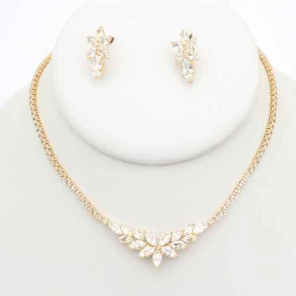 CZ Marquise Leaf Cluster Necklace Earring Set