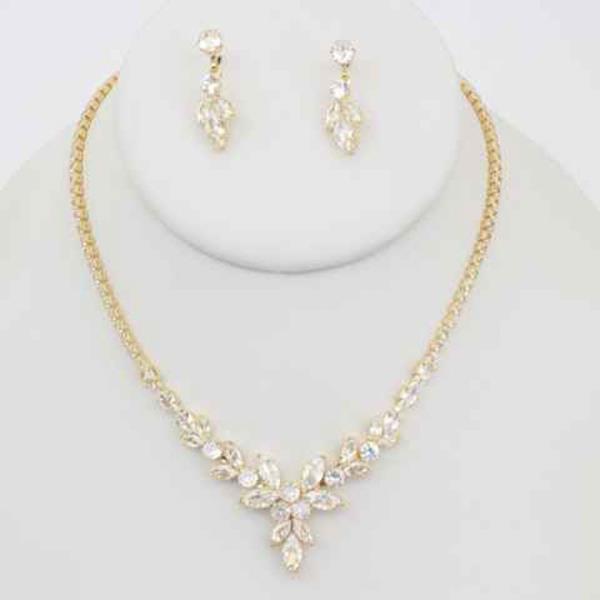 CZ Marquise Floral Pendant Necklace Earring Set