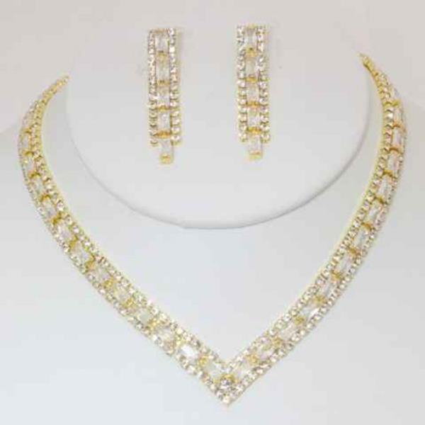 Rhinestone Baguette V Necklace Earring Set
