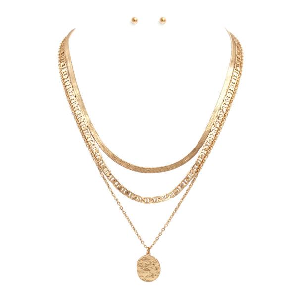 Layered Herringbone Chain Coin Pendant Necklace