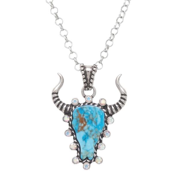 Bull Skull Rhinestone Pendant Necklace
