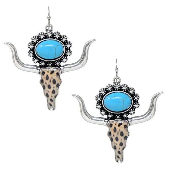 Western Longhorn Skull Leopard Print Earrings