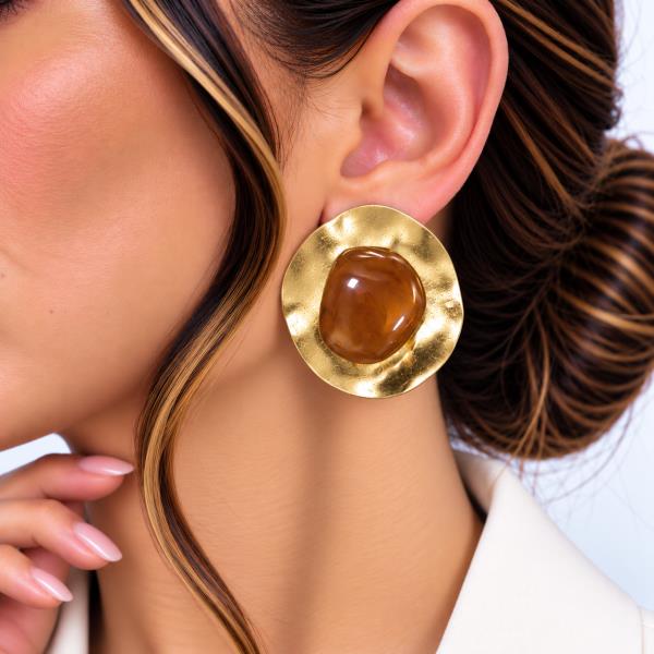 Hammered Metal Marbled Cabochon Round Stud Earring
