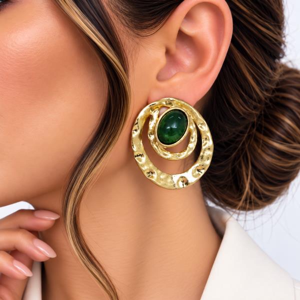 Hammered Metal Oval Cabochon Open Oval Stud Earring