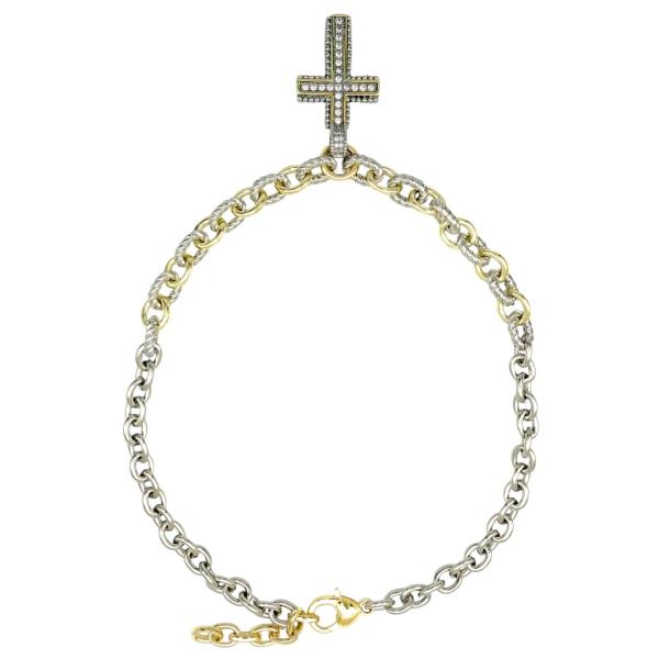 Two Tone CZ Pave Cross Cable Link Necklace