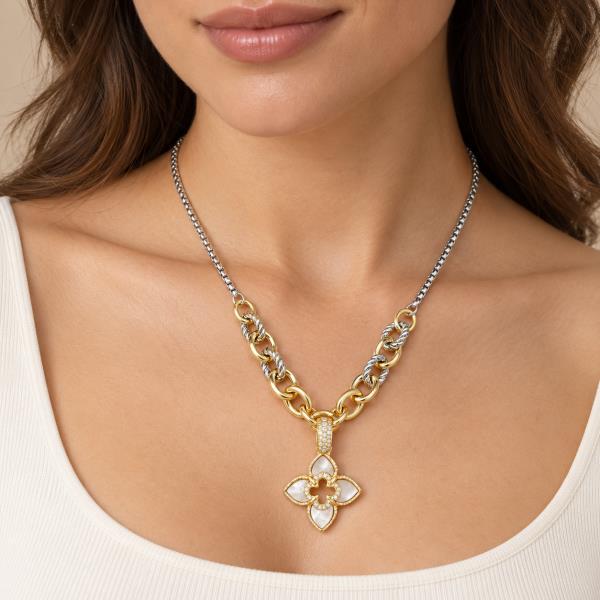 Two Tone CZ Mother of Pearl Clover Link Necklace