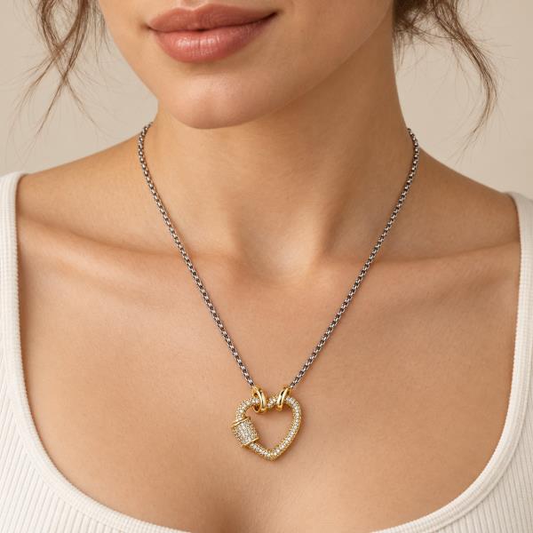 Two Tone CZ Pave Heart Box Chain Necklace