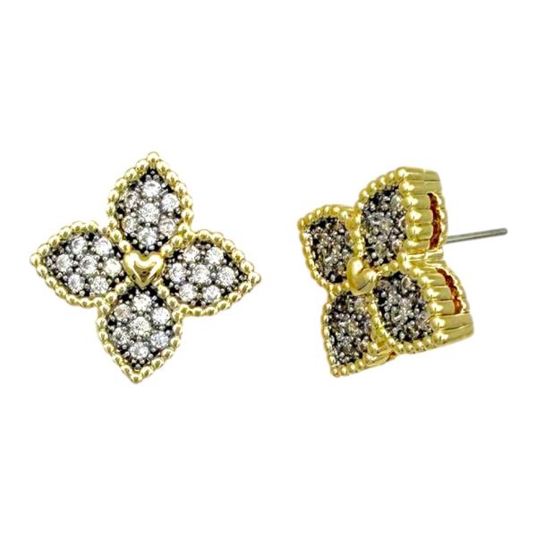 Two Tone CZ Pave Clover Stud Earring