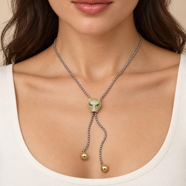 Two Tone CZ Pave Panther Lariat Necklace