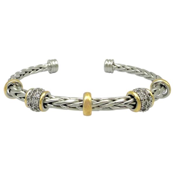 Two Tone CZ Pave Double Ring Braided Bangle Bracelet
