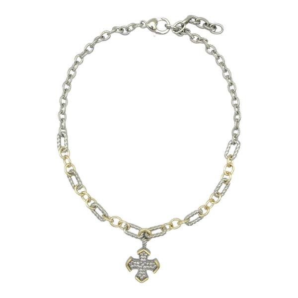 Two Tone CZ Cross Cable Link Necklace