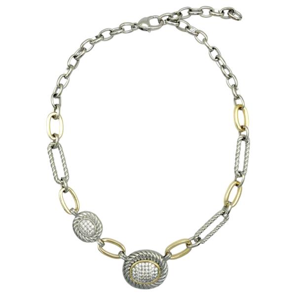 Two Tone CZ Pave Oval Cable Link Necklace