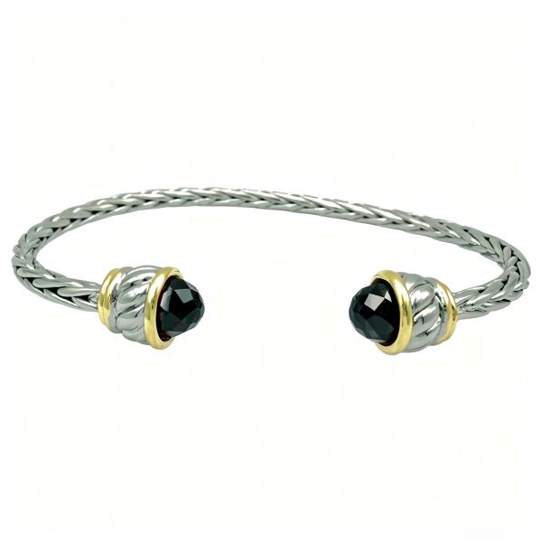 Two Tone CZ Tip Cabochon Braided Bangle Bracelet