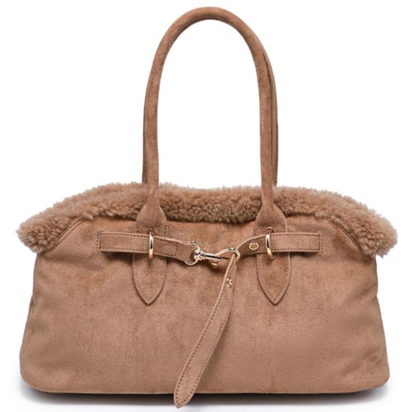 Soft Suede Shearling Trim Tommy Satchel Bag
