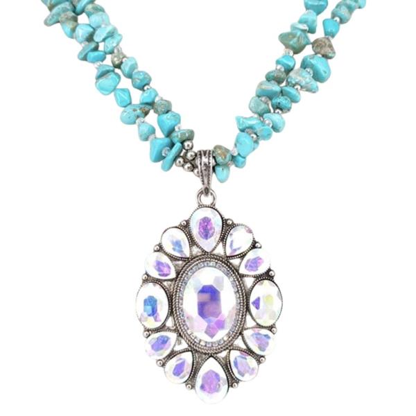 Beaded Double Strand Rhinestone Pendant Necklace